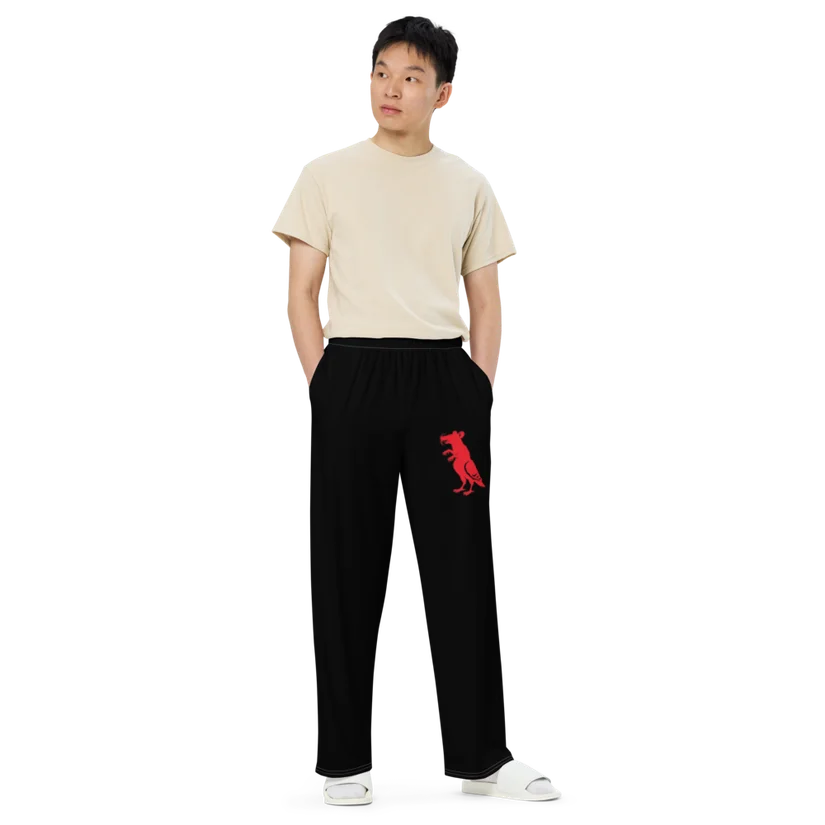 Red Pigeon Rat Wide-Leg Pants — Pigeon Rats NYC streetwear mascot design