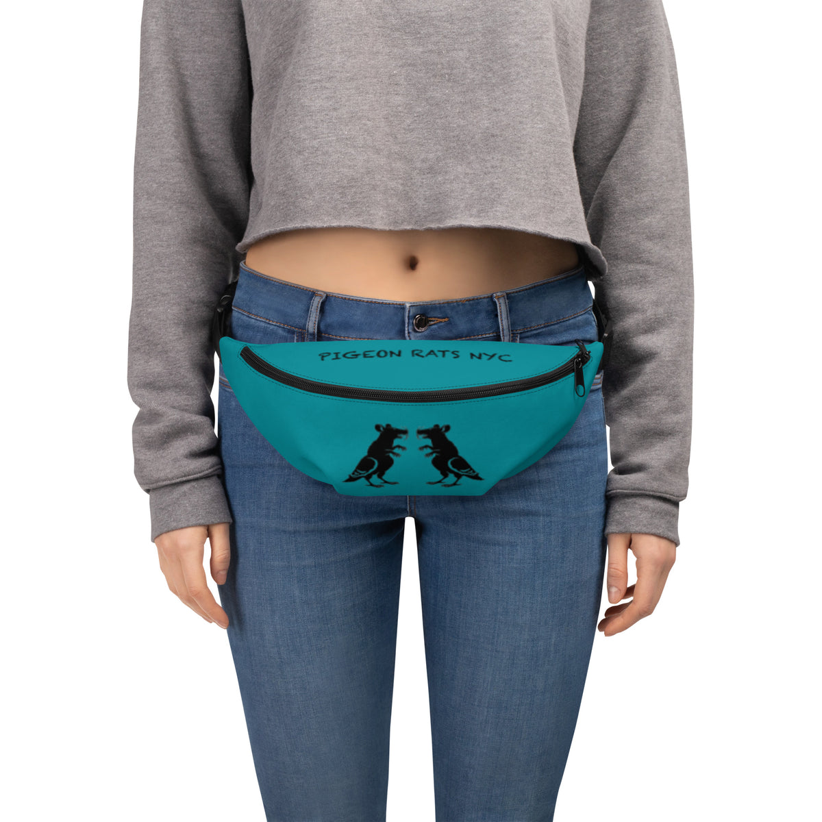 Teal Cool Current Pigeon Rat Fanny Pack — Pigeon Rats NYC streetwear mascot design