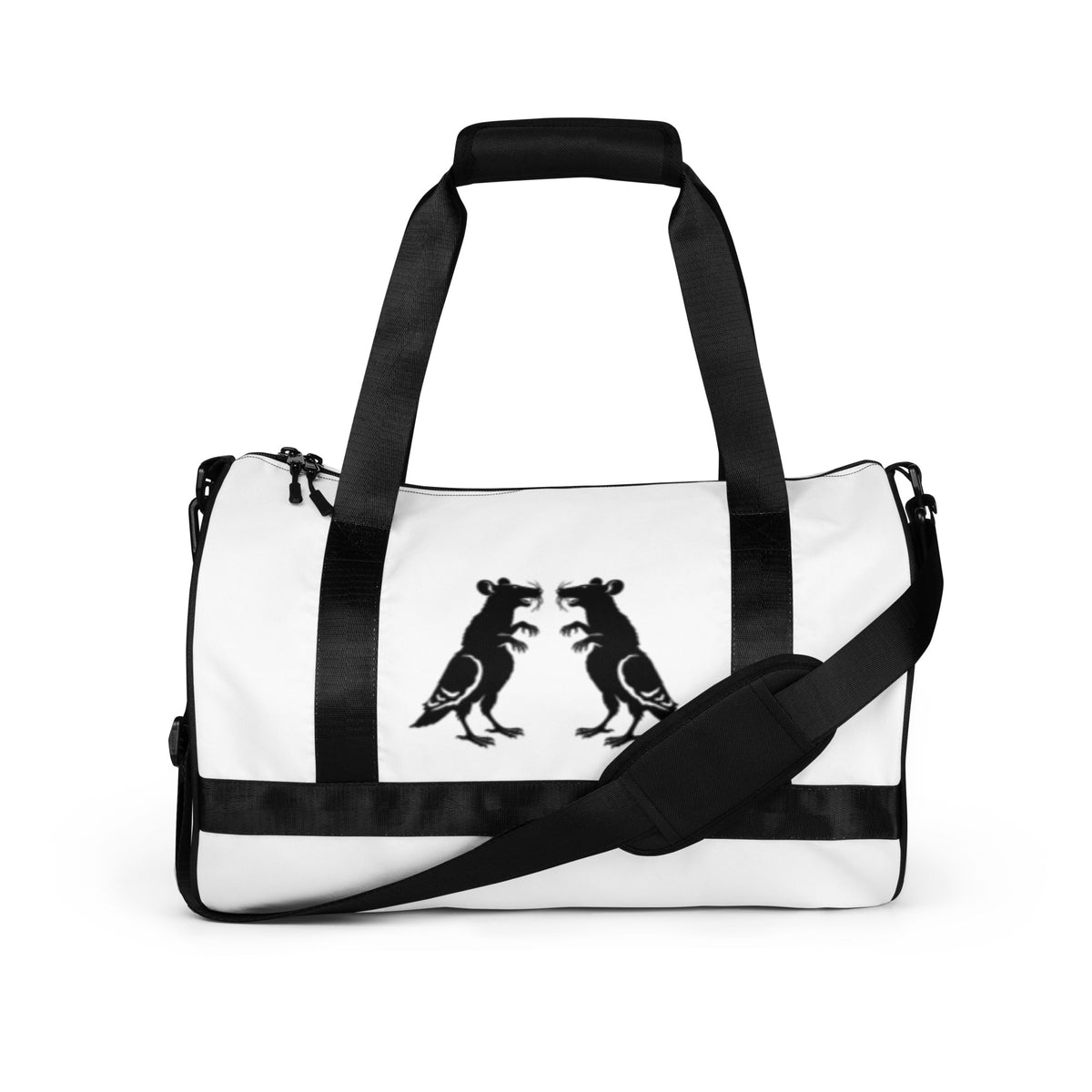 Black on White Pigeon Rat Gym Bag — Pigeon Rats NYC streetwear mascot design