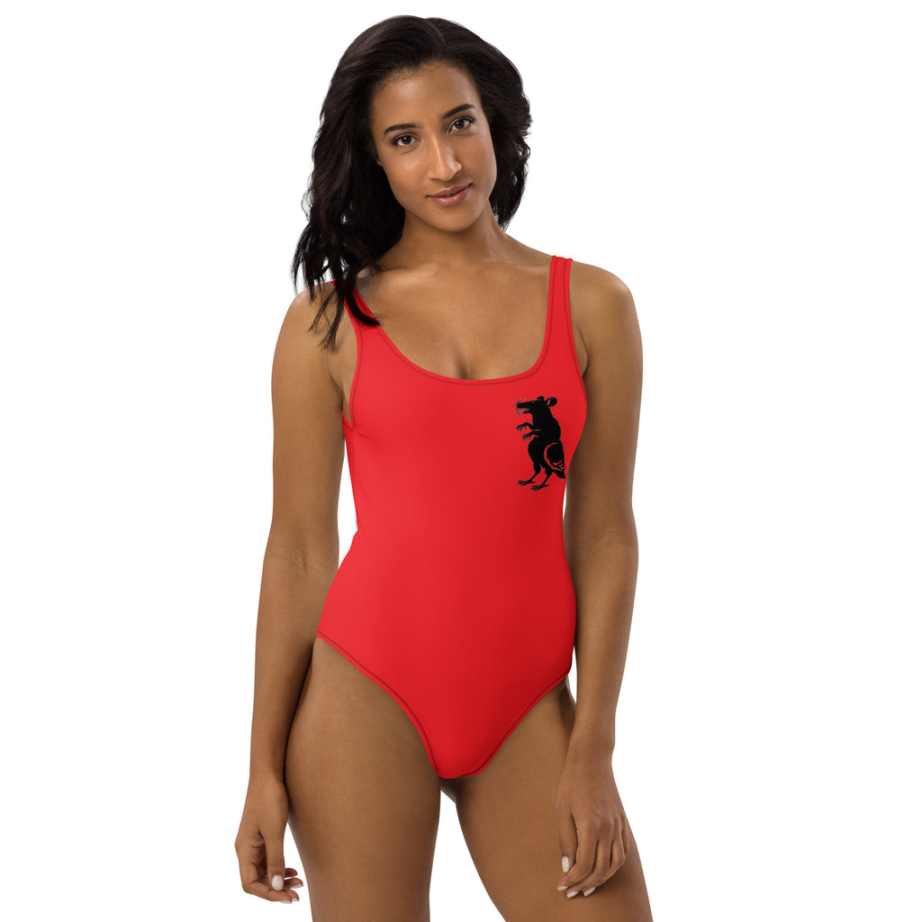 Red & Black Pigeon Rat One-Piece Swimsuit — Pigeon Rats NYC streetwear mascot design
