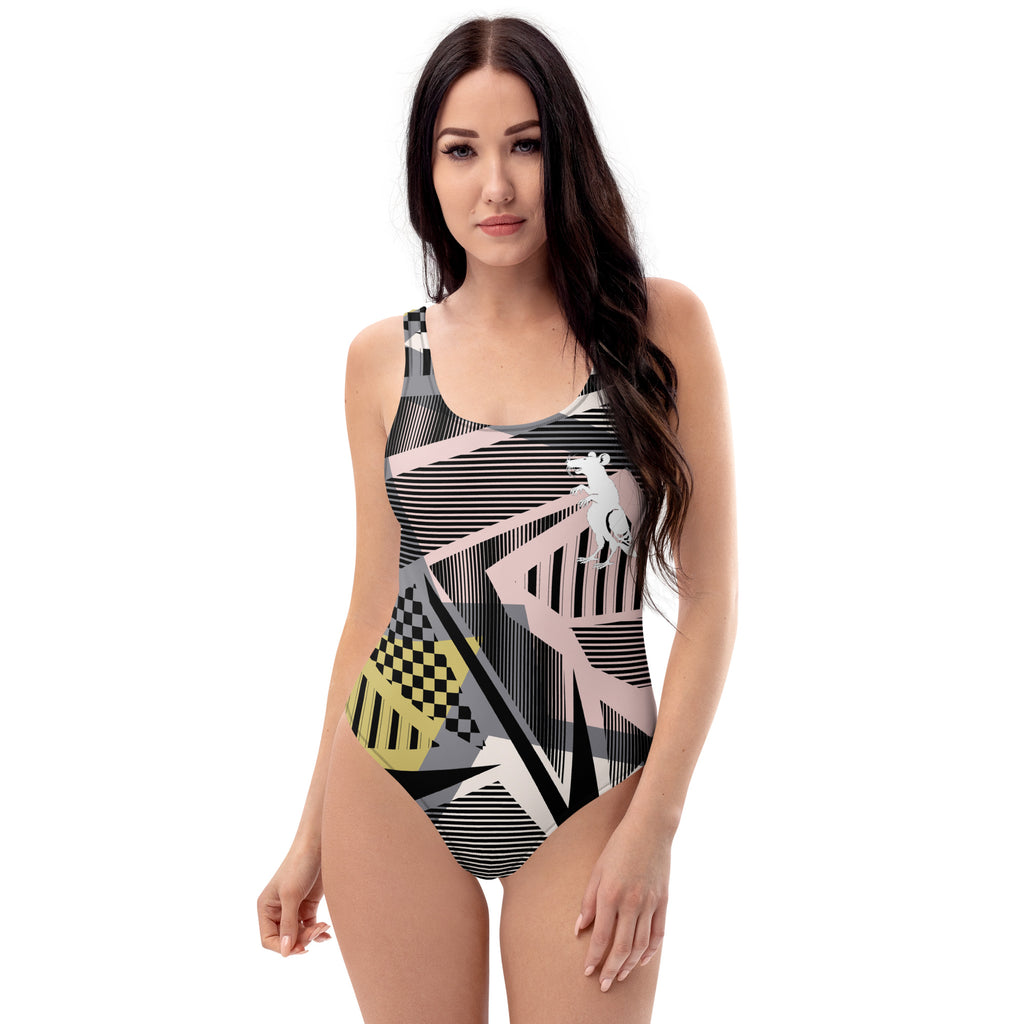 Retro Future Geometric Pigeon Rat One-Piece Swimsuit — Pigeon Rats NYC streetwear mascot design