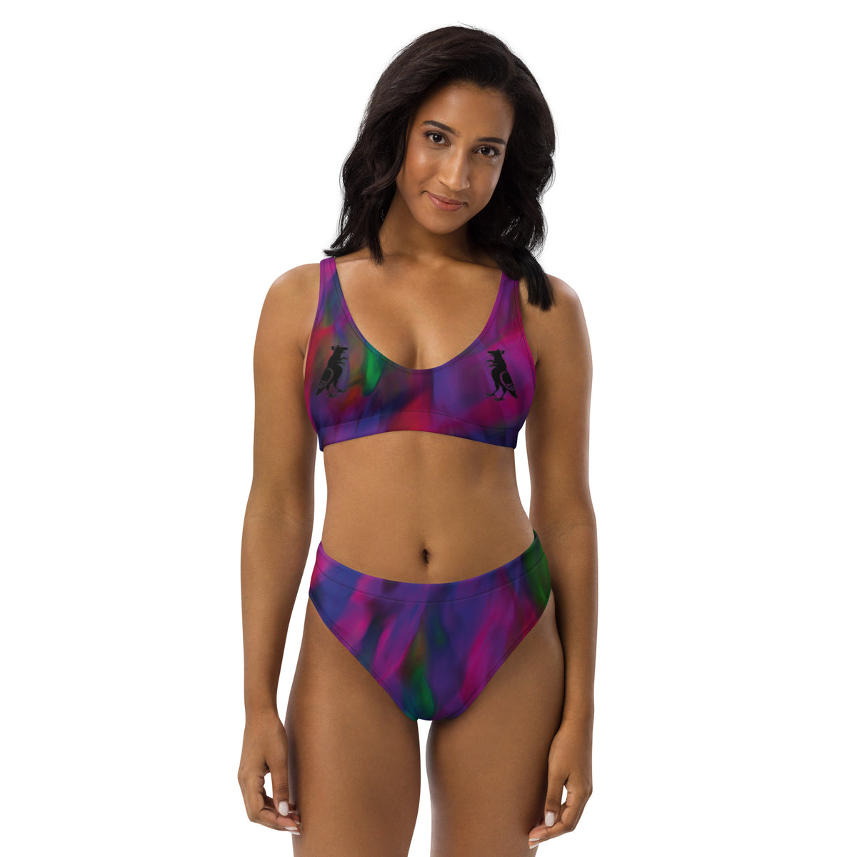 Black Watercolor Recycled Pigeon Rat High-Waisted Bikini — Pigeon Rats NYC streetwear mascot design