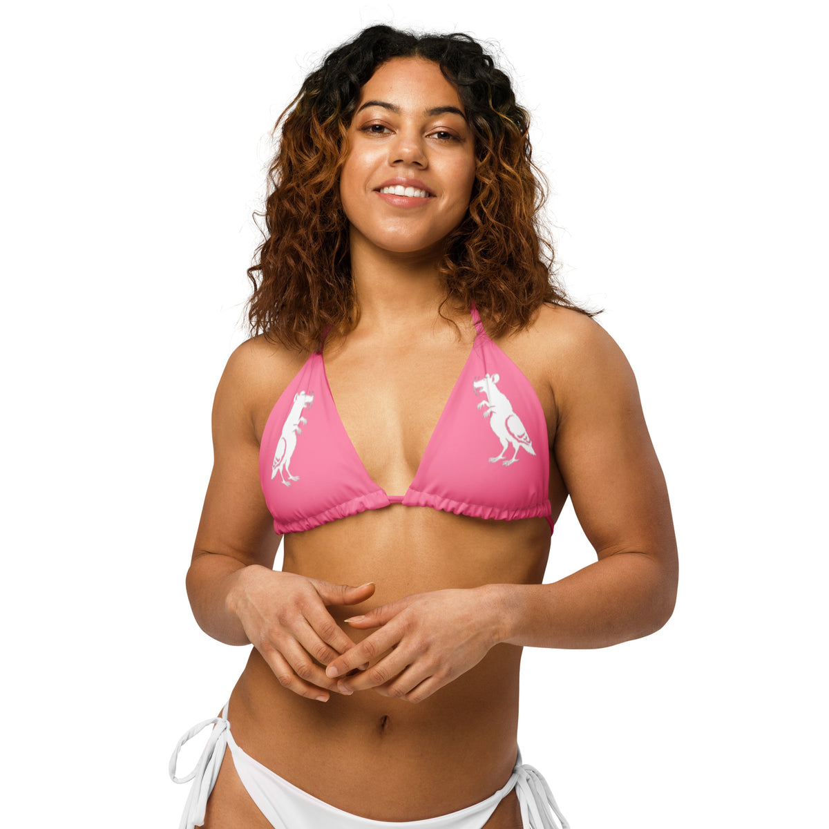 White on Pink Recycled Pigeon Rat String Bikini Top — Pigeon Rats NYC streetwear mascot design