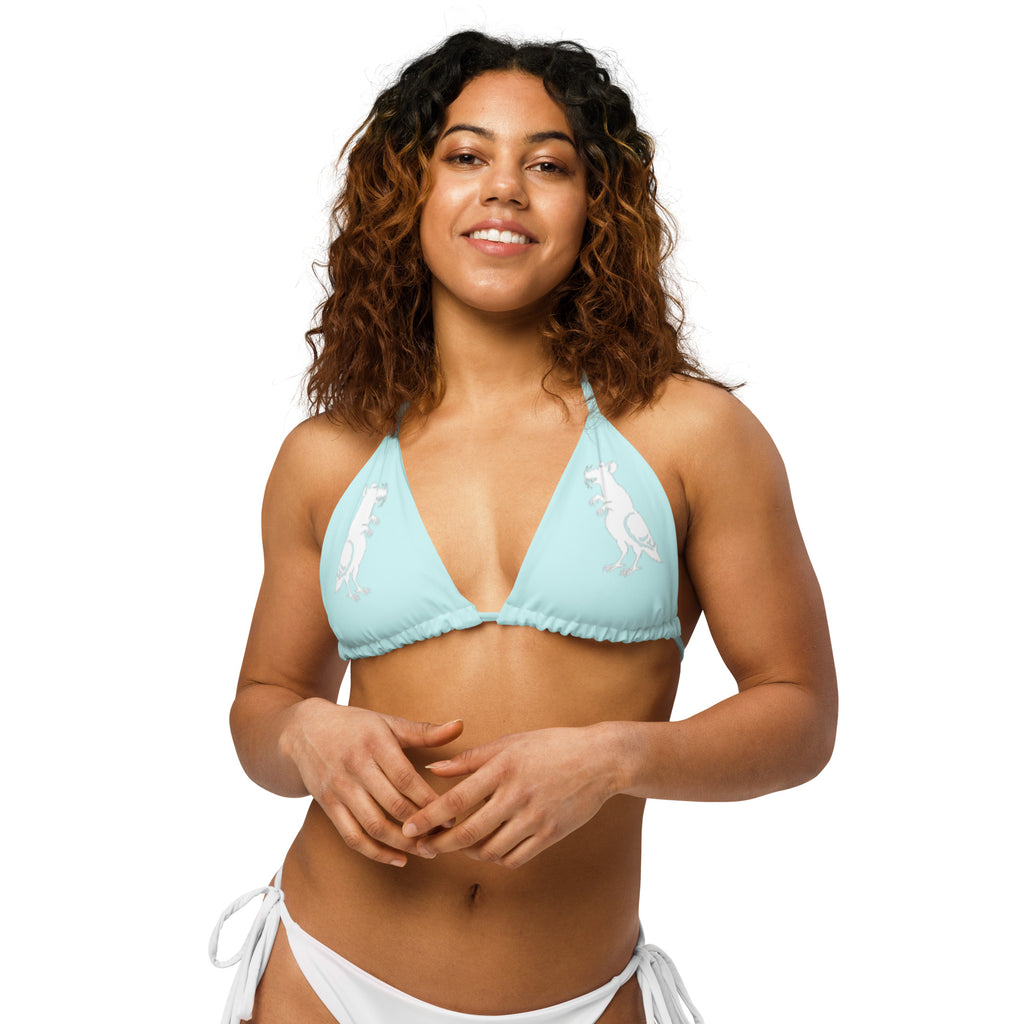 Light Blue Recycled Pigeon Rat String Bikini Top — Pigeon Rats NYC streetwear mascot design