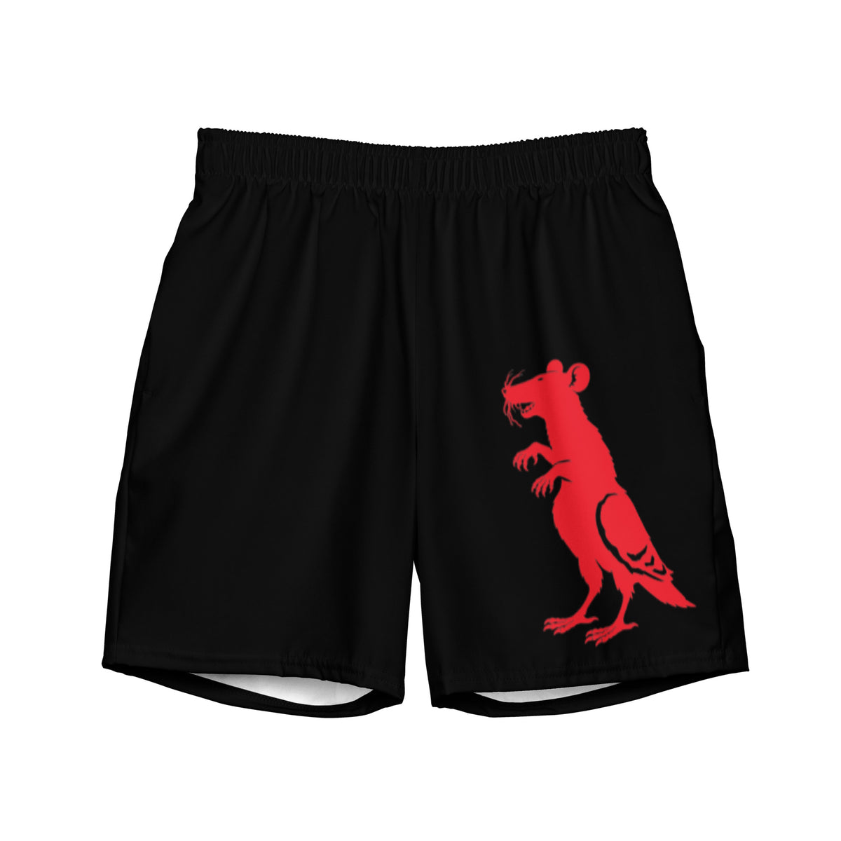 Black and Red Pigeon Rat Swim Trunks — Pigeon Rats NYC streetwear mascot design