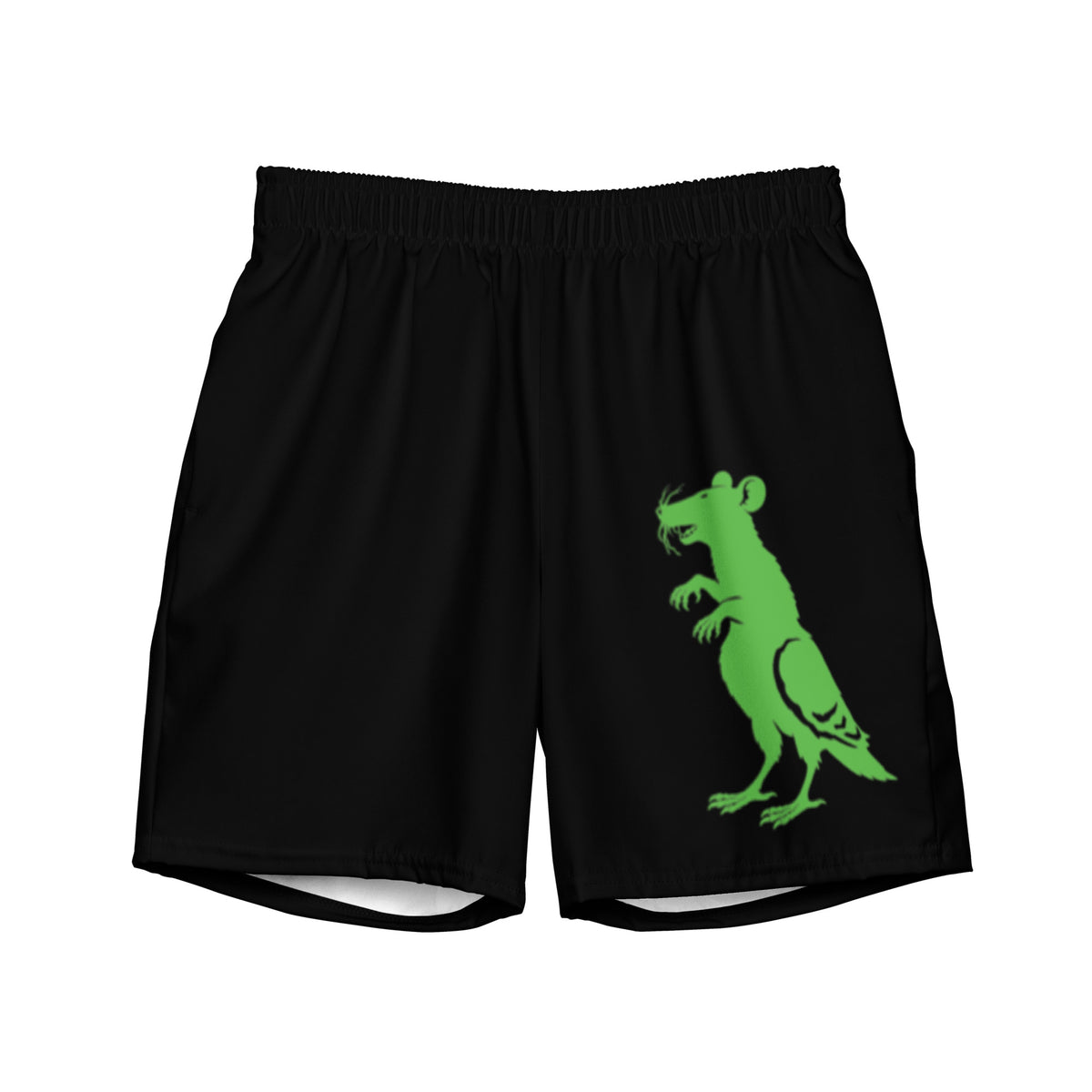 Neon Green on Black Pigeon Rat Swim Trunks — Pigeon Rats NYC streetwear mascot design