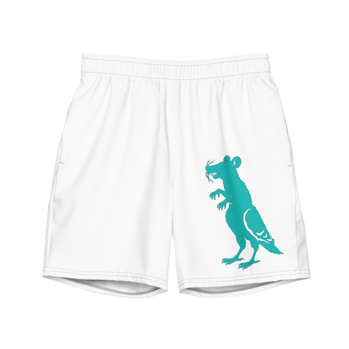 Teal Big Pigeon Rat Swim Trunks — Pigeon Rats NYC streetwear mascot design