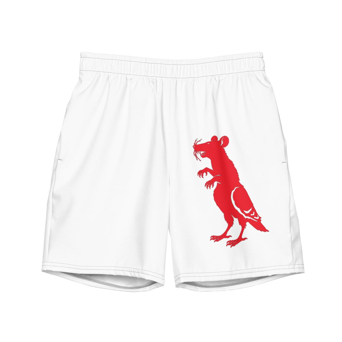 Big Red Pigeon Rat Swim Trunks — Pigeon Rats NYC streetwear mascot design