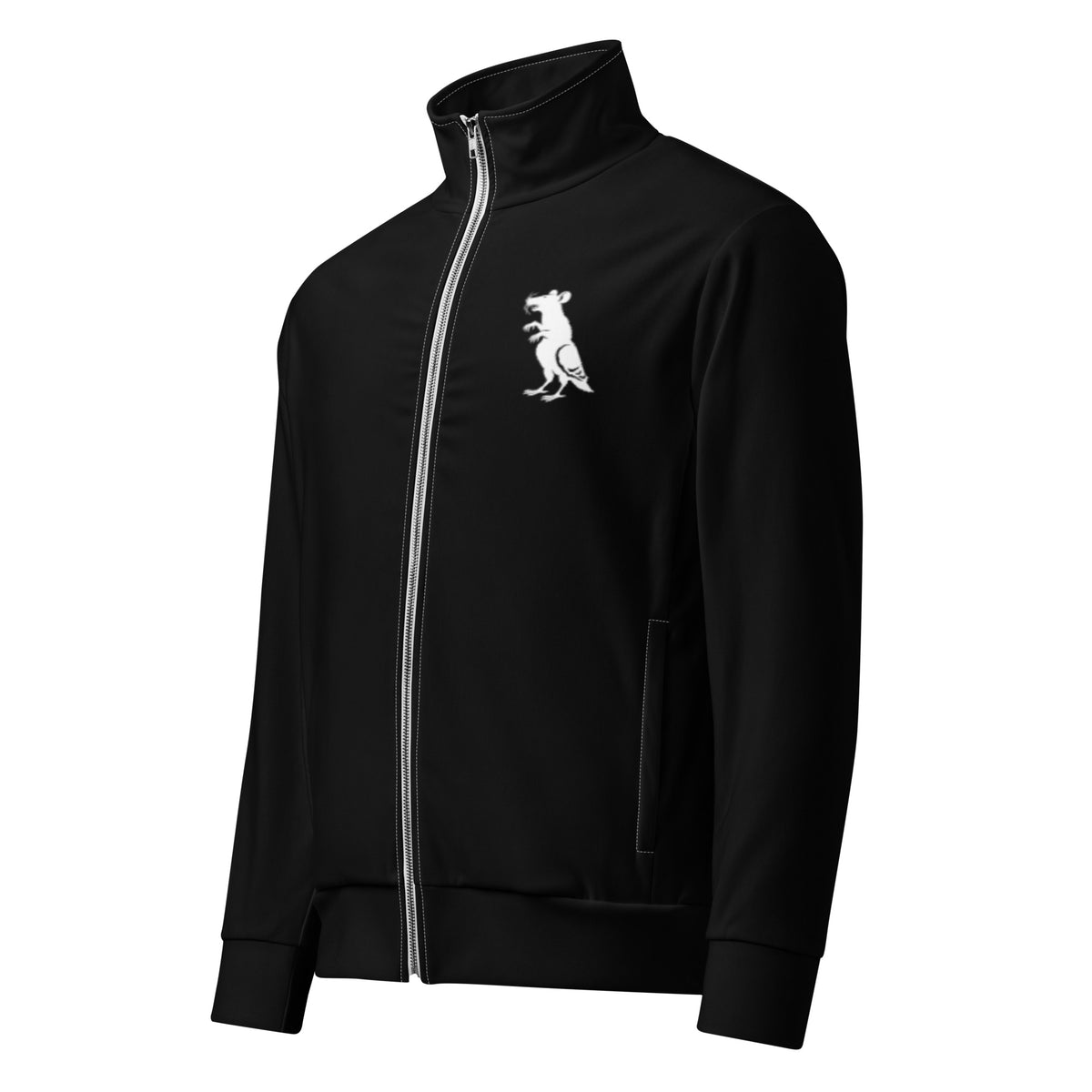 White on Black Pigeon Rat Track Jacket — Pigeon Rats NYC streetwear mascot design