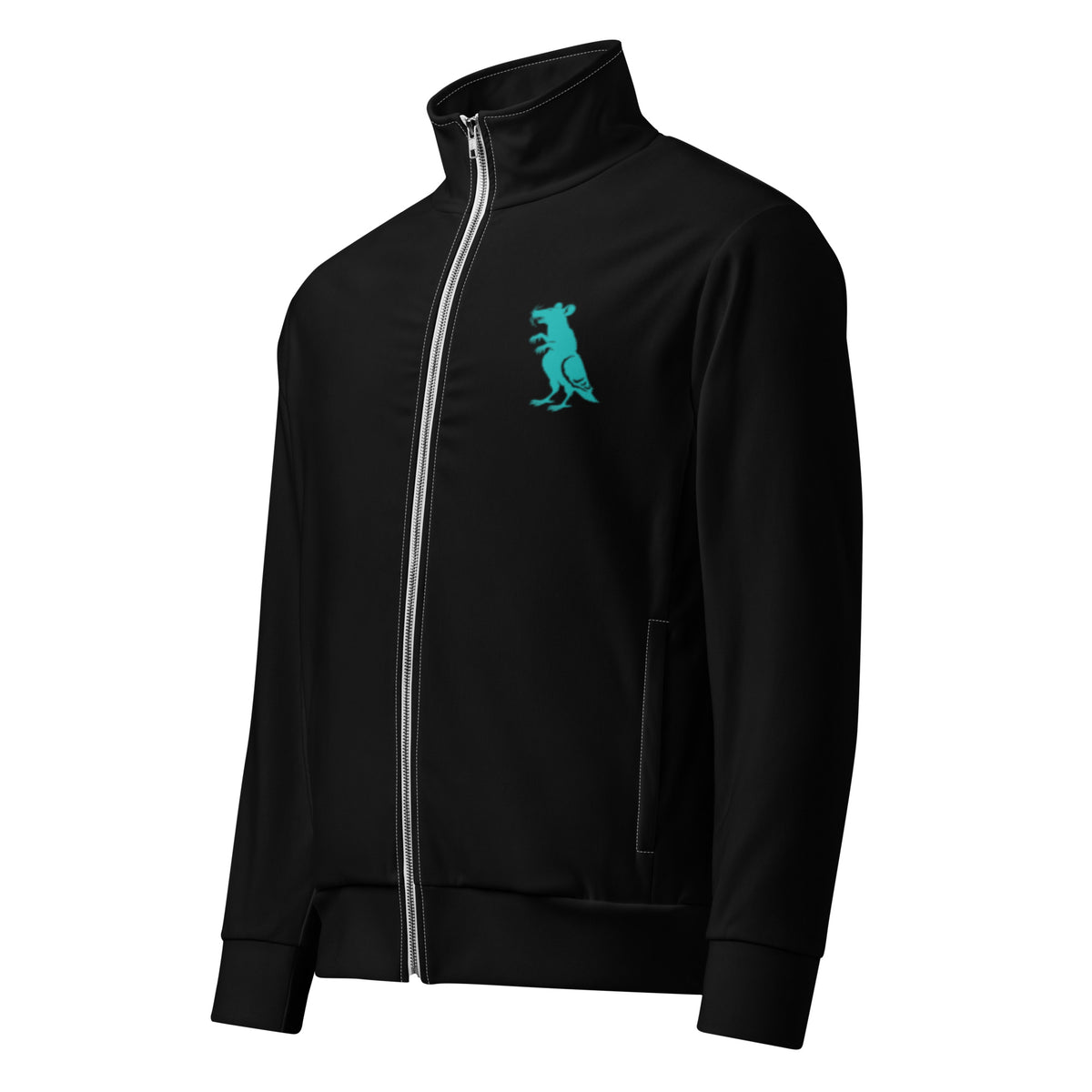 Teal on Black Pigeon Rat Track Jacket — Pigeon Rats NYC streetwear mascot design