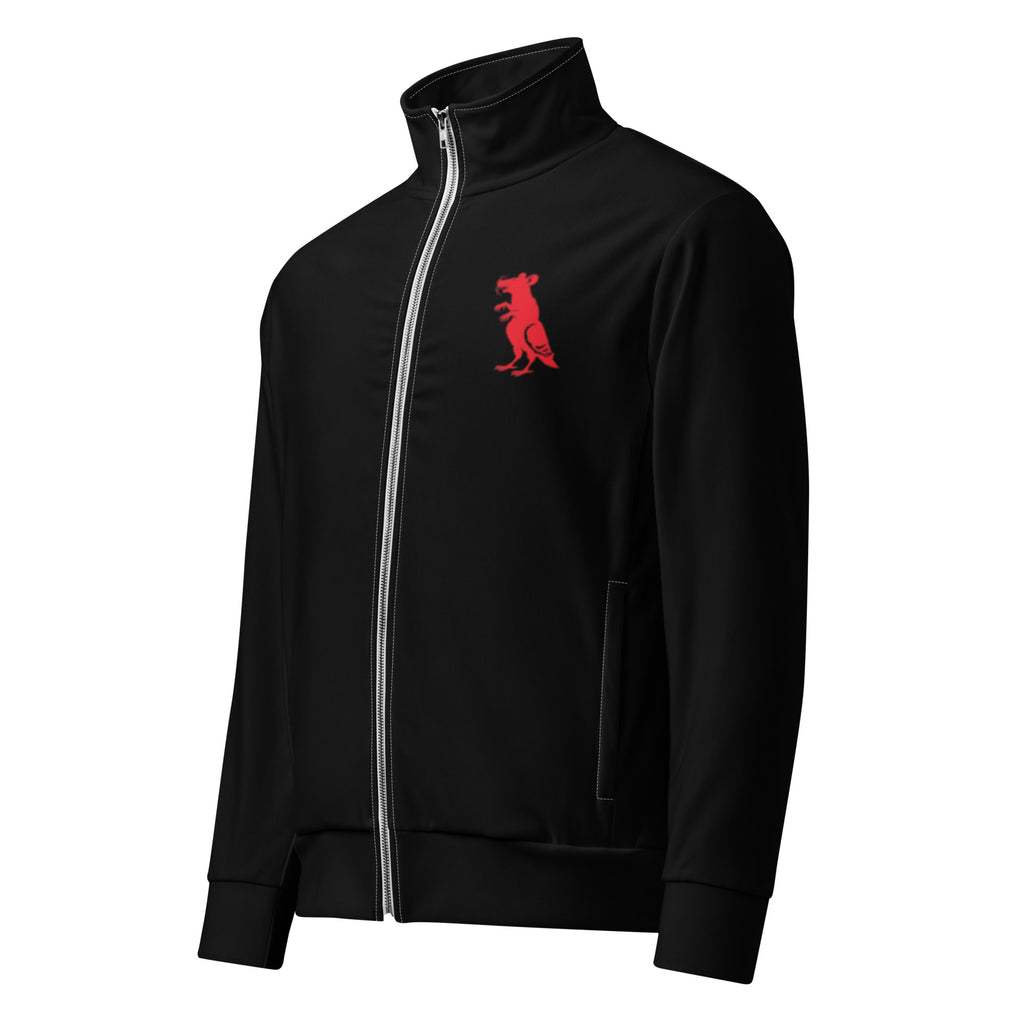 Red on Black Pigeon Rat Track Jacket — Pigeon Rats NYC streetwear mascot design