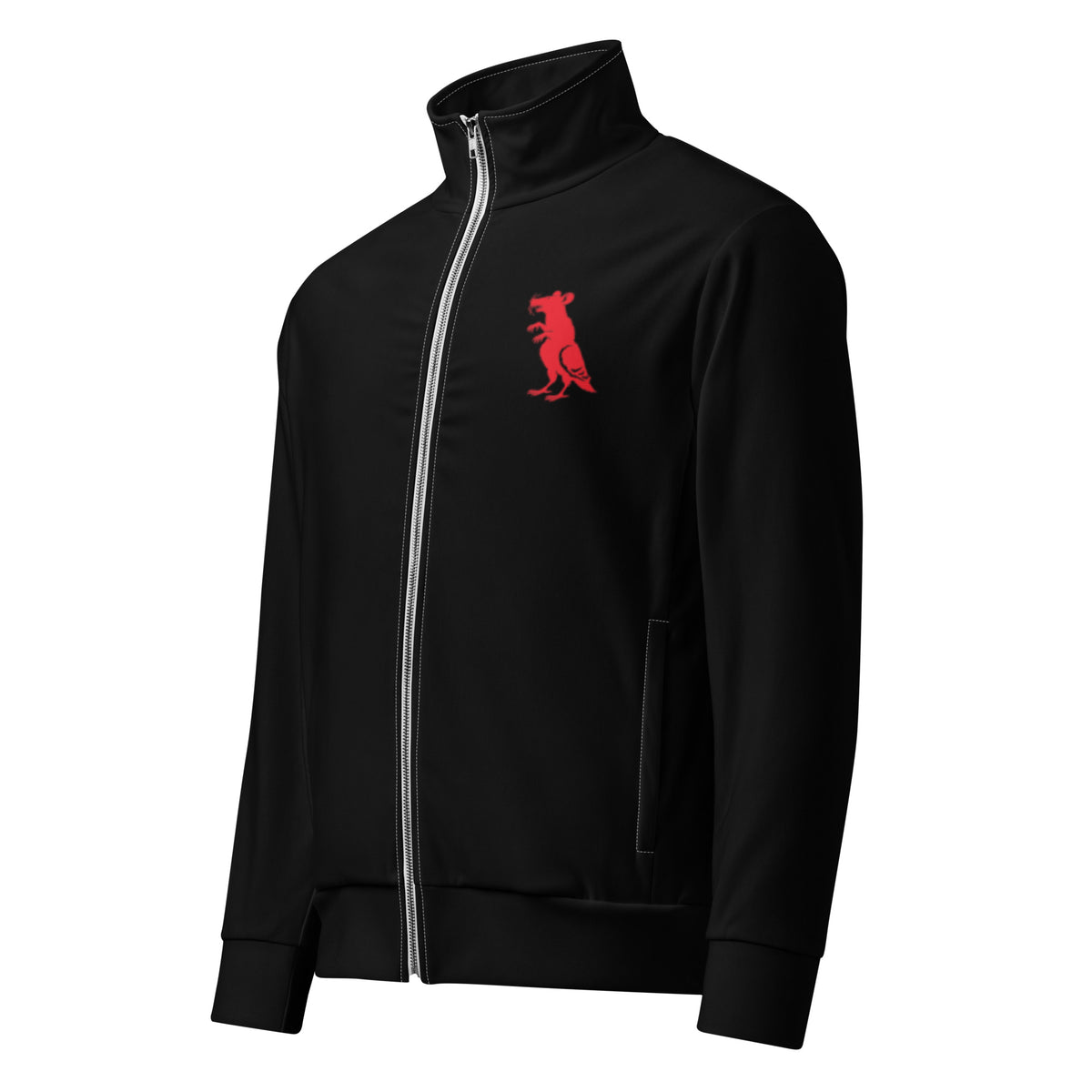 Red on Black Pigeon Rat Track Jacket — Pigeon Rats NYC streetwear mascot design