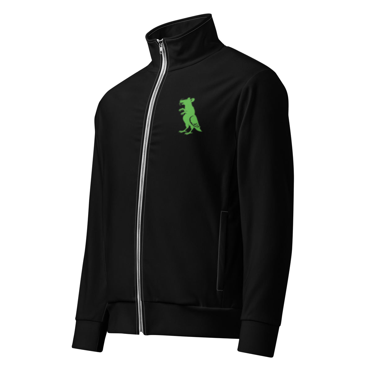 Green on Black Pigeon Rat Track Jacket — Pigeon Rats NYC streetwear mascot design