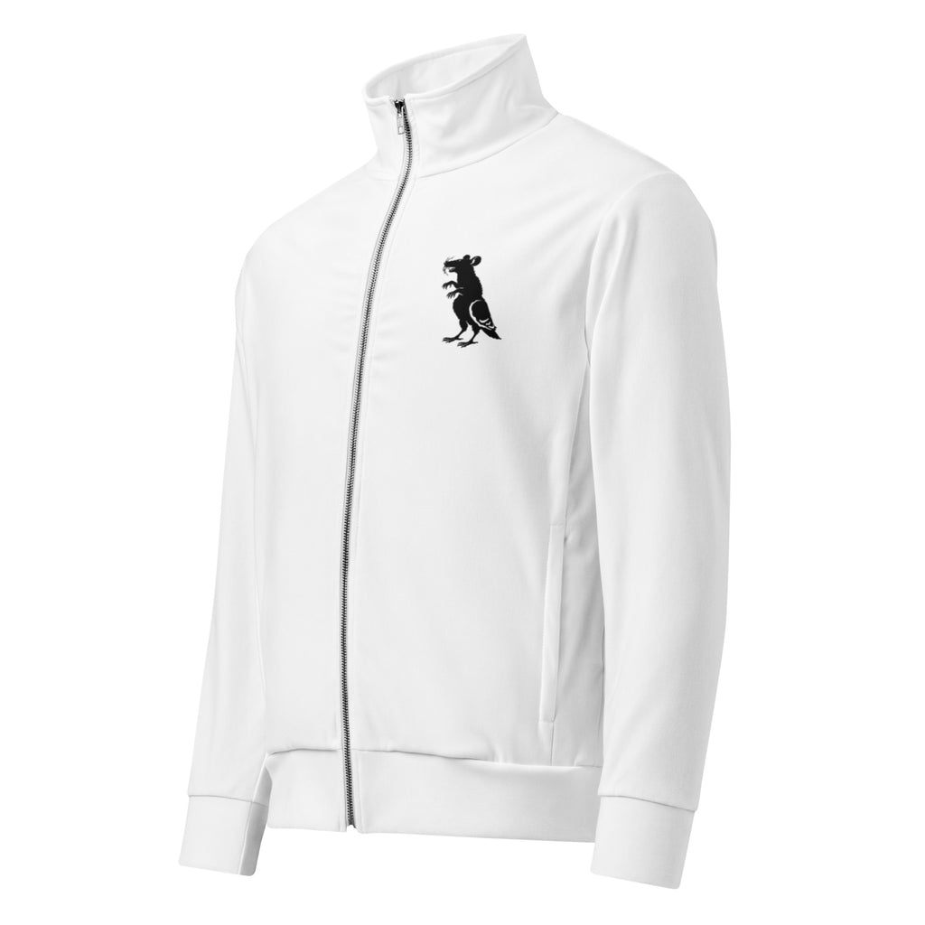 Black on White Pigeon Rat Track Jacket — Pigeon Rats NYC streetwear mascot design