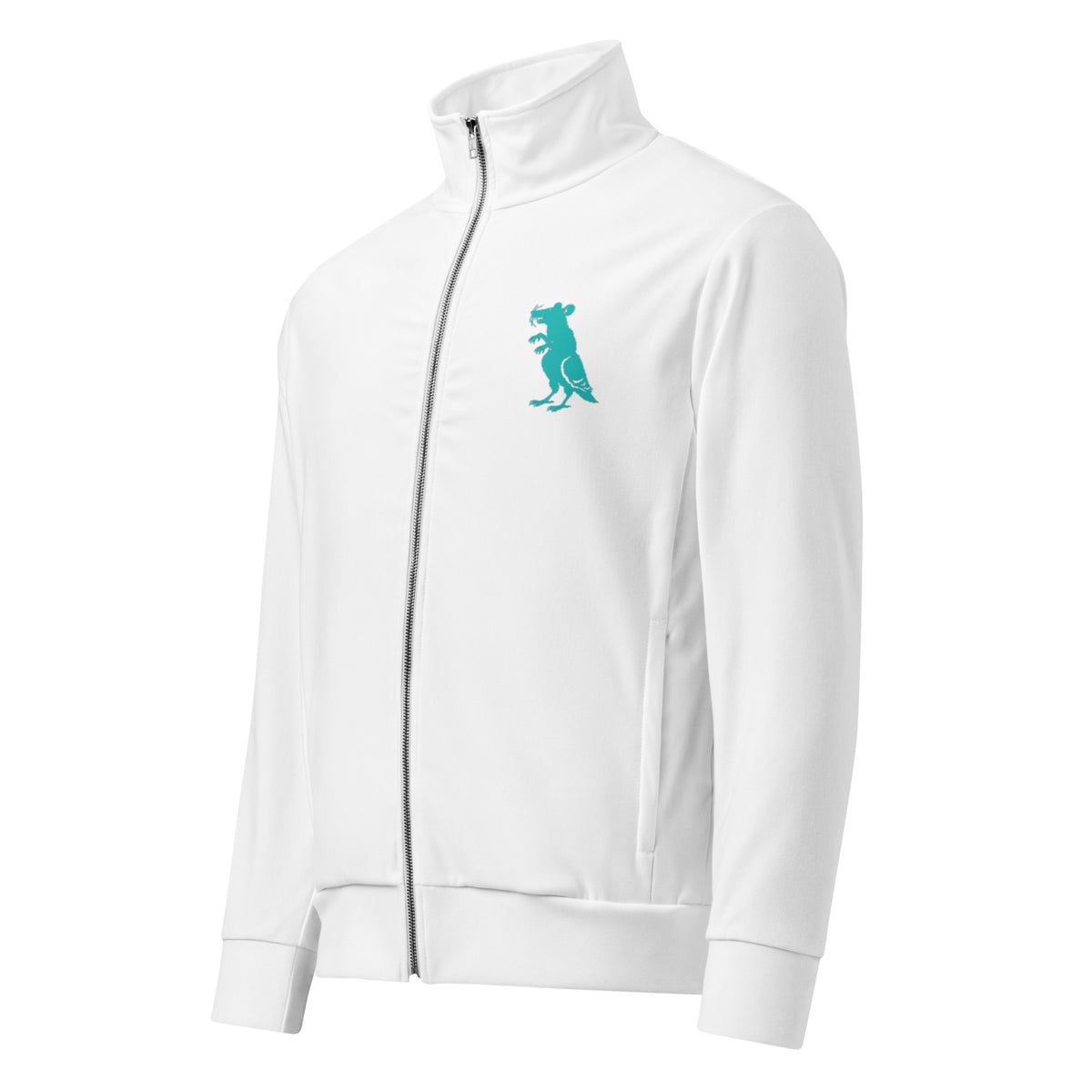 Teal on White Pigeon Rat Track Jacket — Pigeon Rats NYC streetwear mascot design