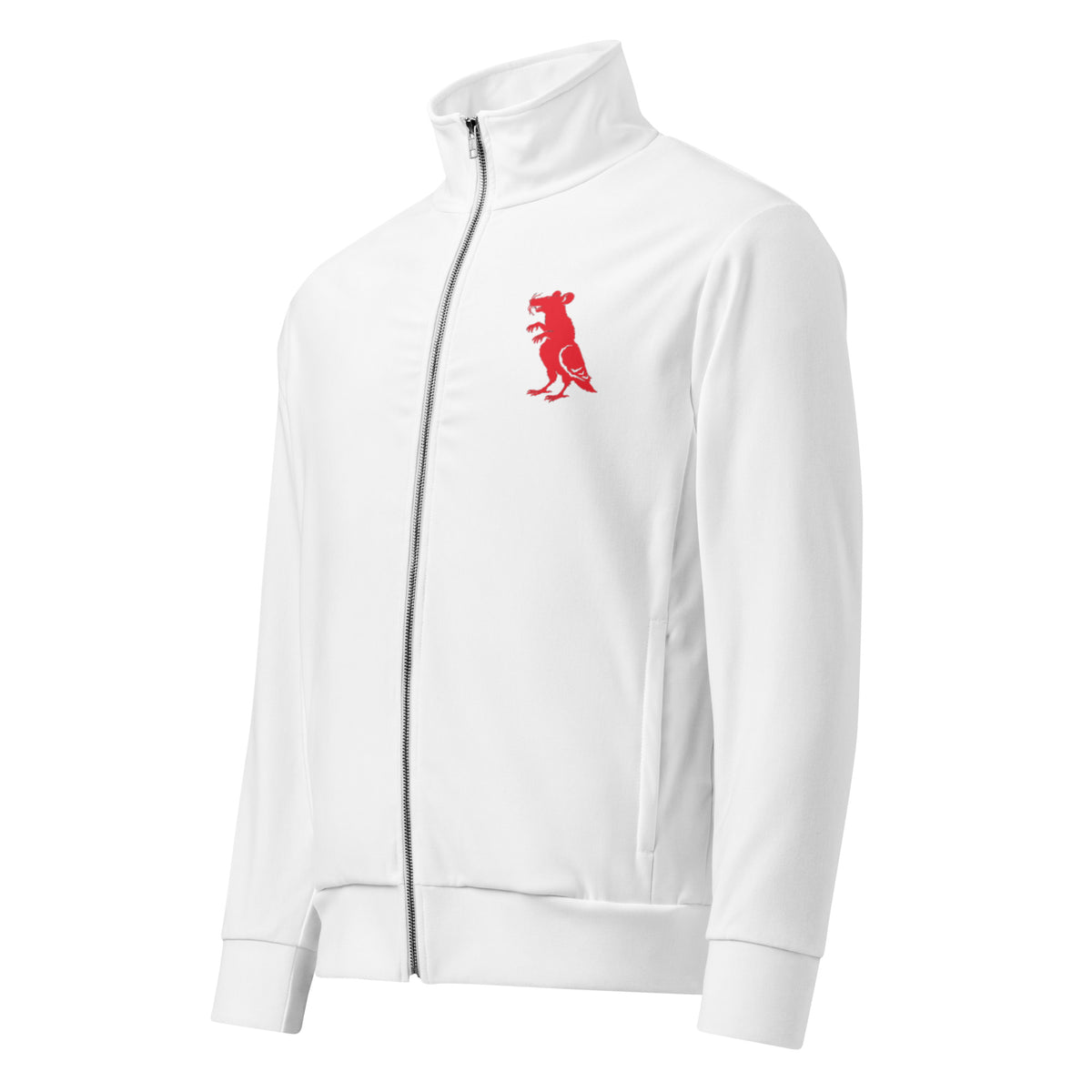 Red on White Pigeon Rat Track Jacket — Pigeon Rats NYC streetwear mascot design