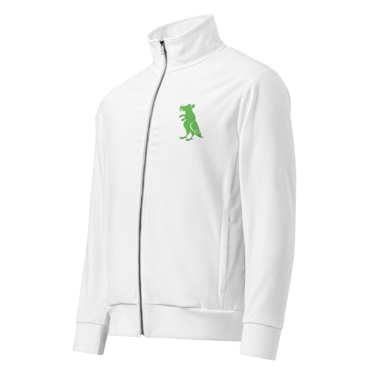 Green on White Pigeon Rat Track Jacket — Pigeon Rats NYC streetwear mascot design