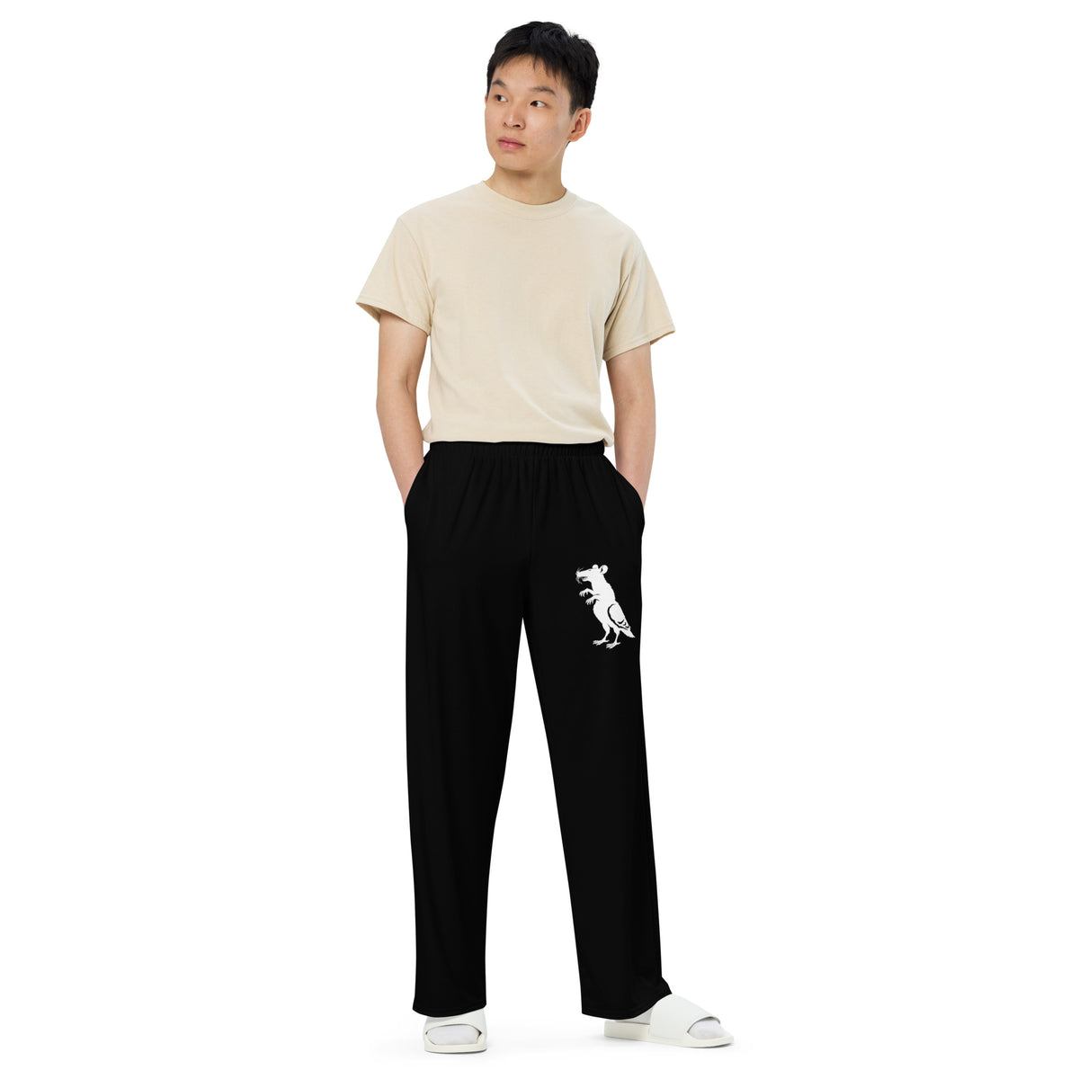 White Pigeon Rat Wide-Leg Pants — Pigeon Rats NYC streetwear mascot design