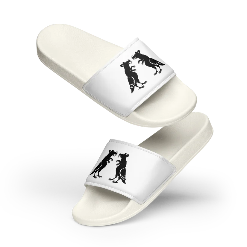 Black on White Pigeon Rat Women's Slides — Pigeon Rats NYC streetwear mascot design