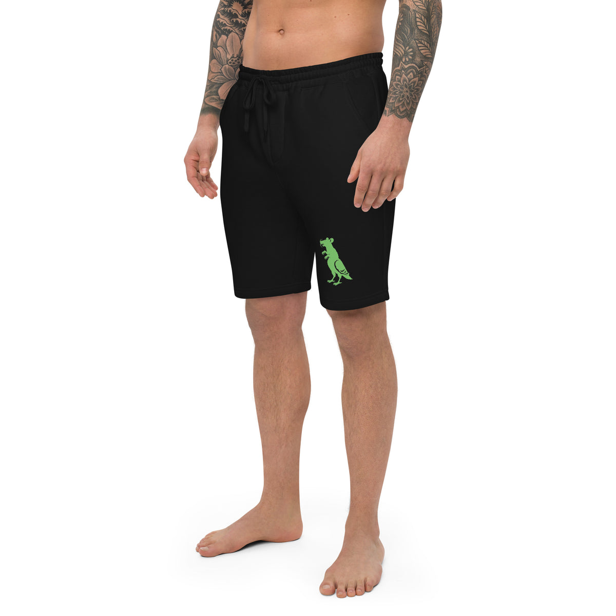Green Pigeon Rat Fleece Shorts — Pigeon Rats NYC streetwear mascot design