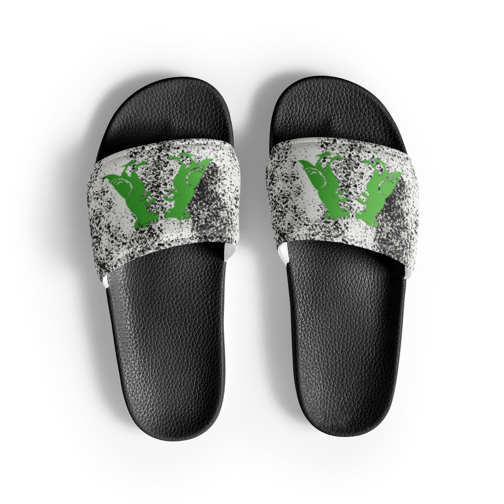 Green City Noise Pigeon Rat Men's Slides — Pigeon Rats NYC streetwear mascot design