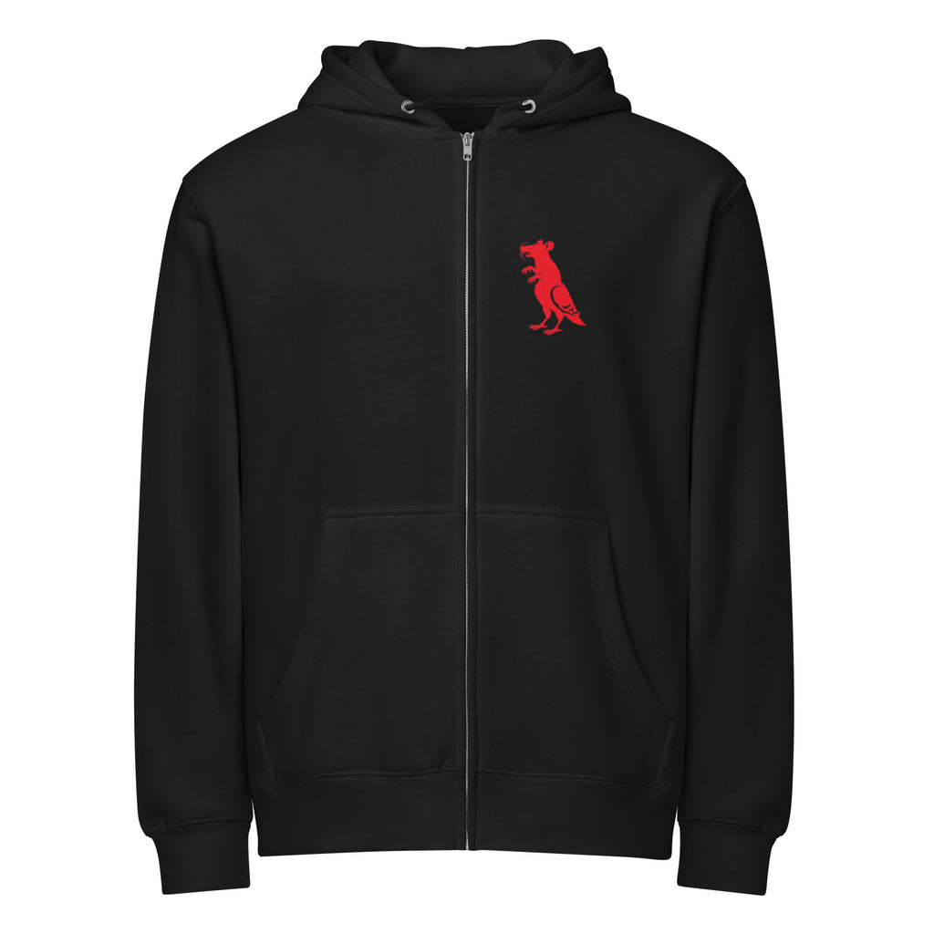 Red Pigeon Rat Full-Zip Hoodie — Pigeon Rats NYC streetwear mascot design