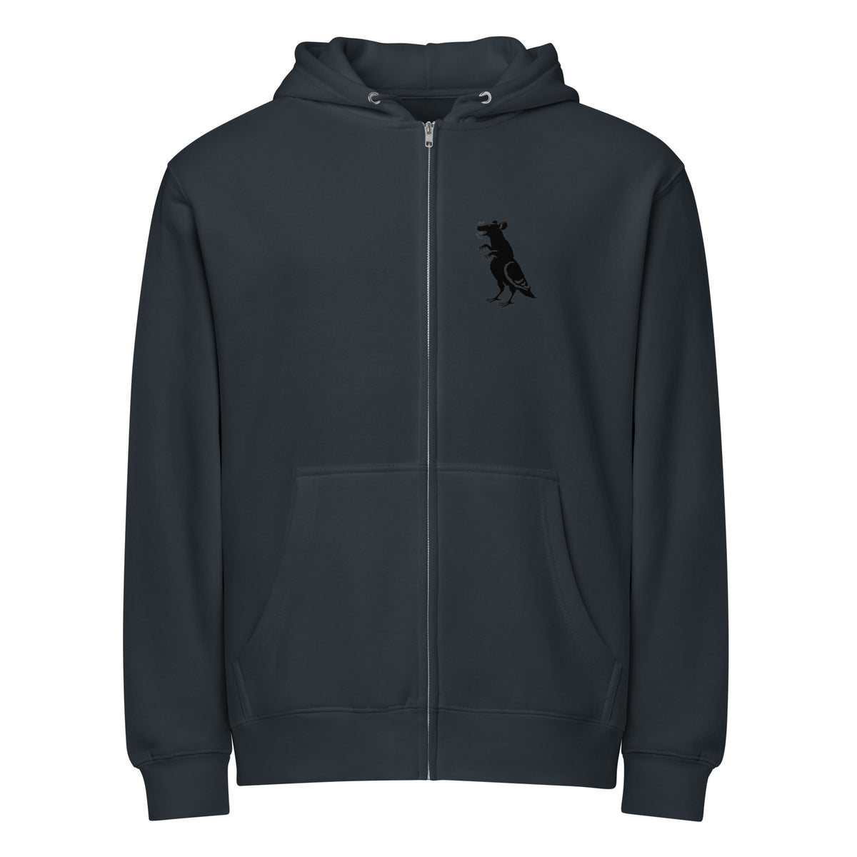 Black Pigeon Rat Full-Zip Hoodie — Pigeon Rats NYC streetwear mascot design