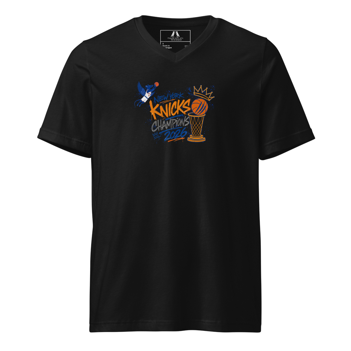 Pigeon Rat Knicks Championship V-Neck Tee — Pigeon Rats NYC streetwear mascot design